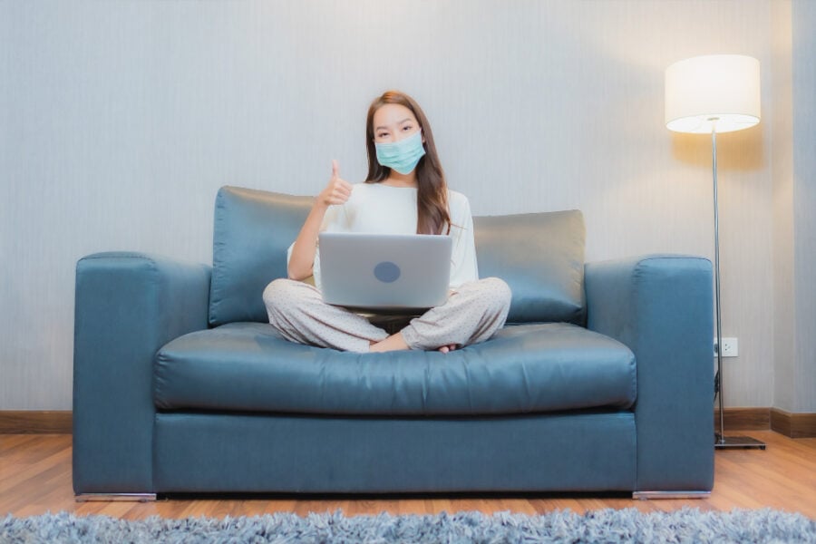 Portrait Beautiful Young Asian Woman Wear Mask Use Computer Laptop Sofa Living Room Interior